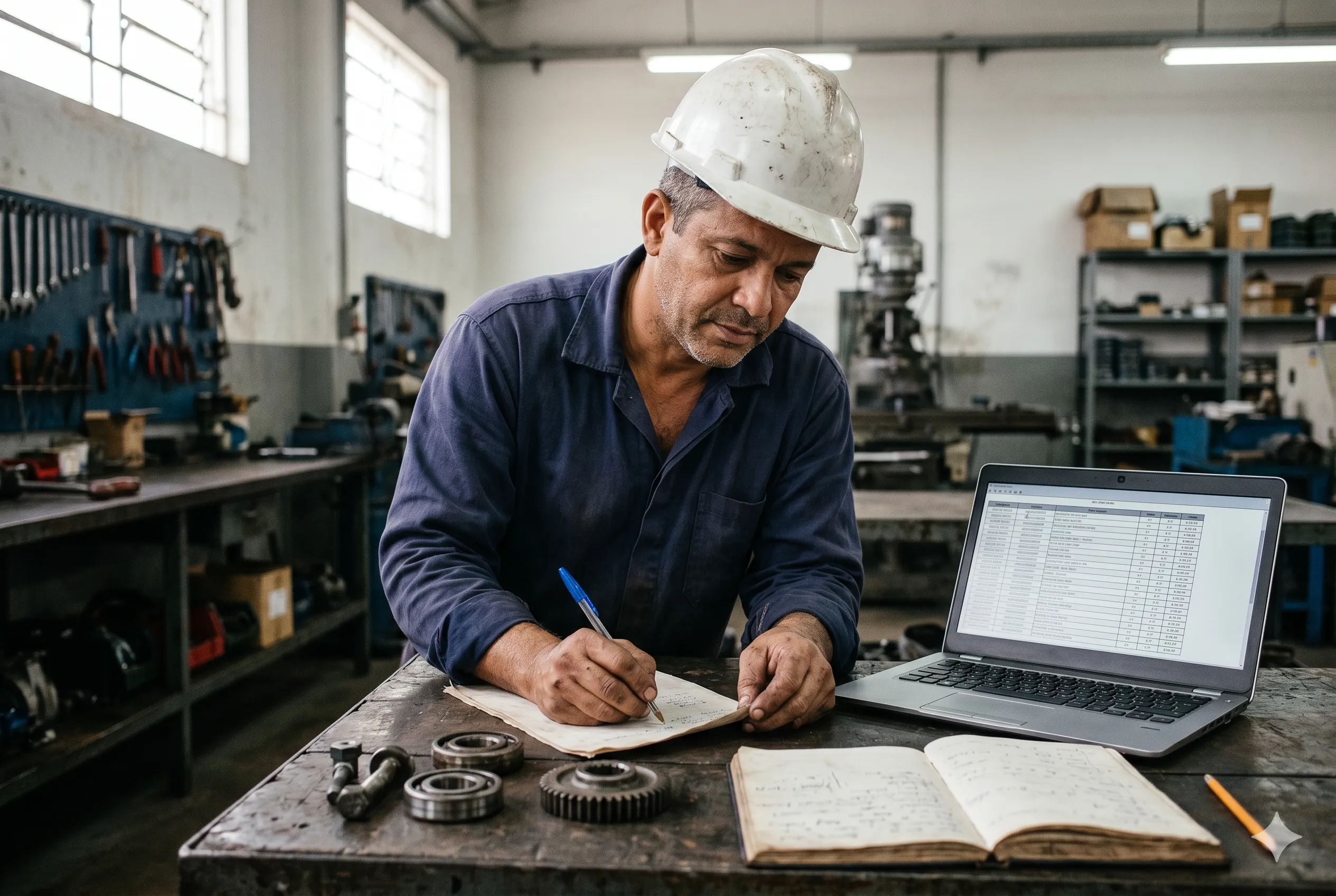 Técnico industrial anotando códigos de peça em folha de papel diante de um notebook com planilha estática, em oficina de manutenção