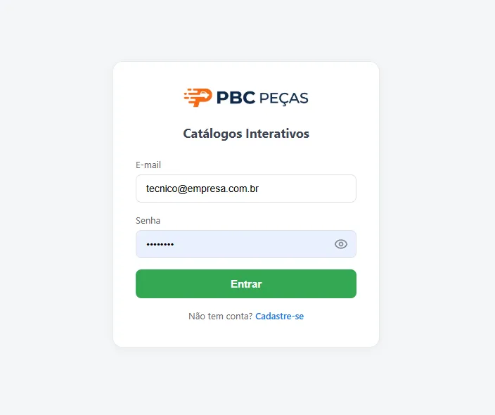 Tela inicial da plataforma PBC com catálogo do Fusca 1200 (1959) e login do usuário
