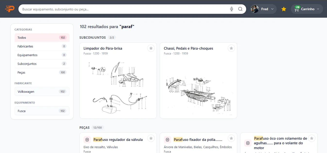 Resultado da busca por "paraf" mostrando subconjuntos e peças do Fusca