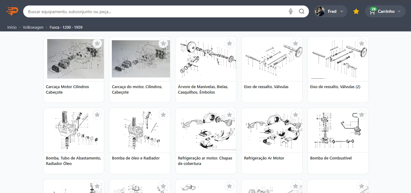 Lista de subconjuntos mecânicos do Fusca em grade visual