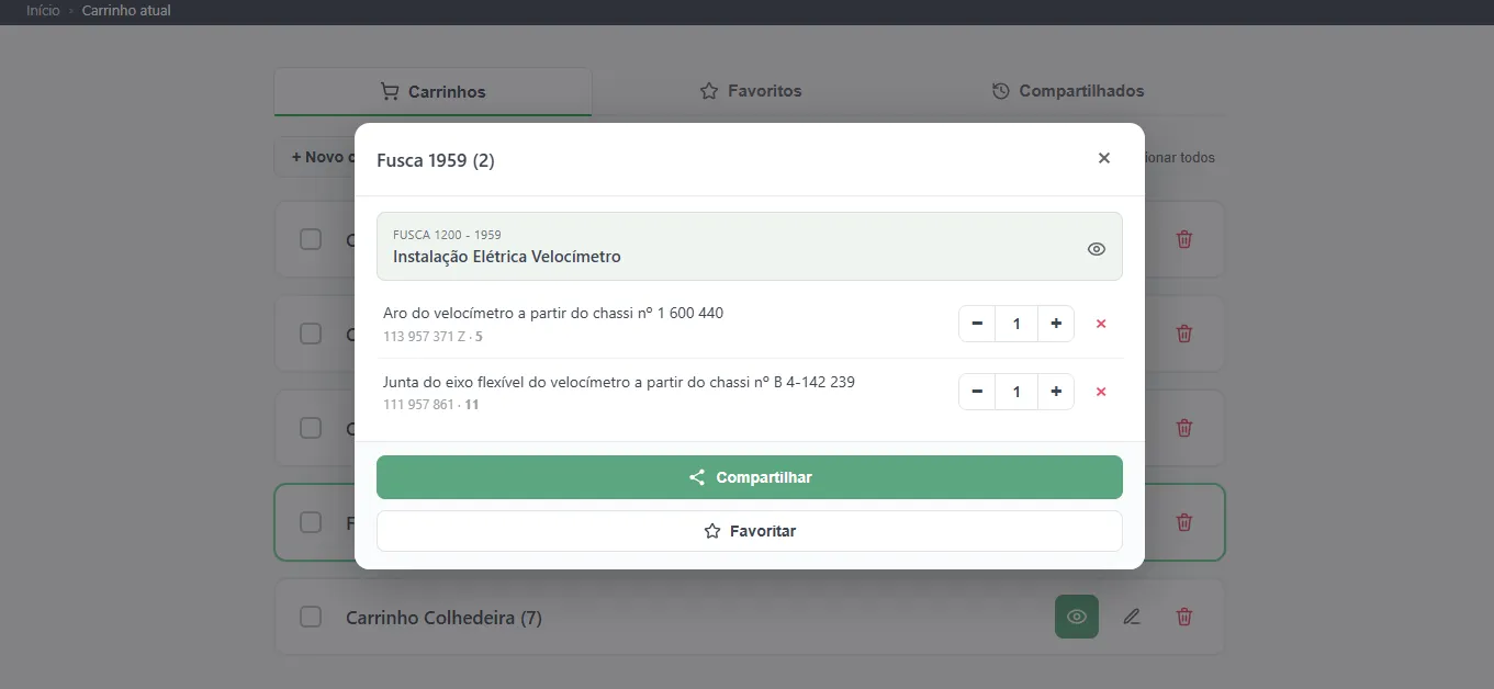 Modal de compartilhamento com opções WhatsApp e link compartilhável